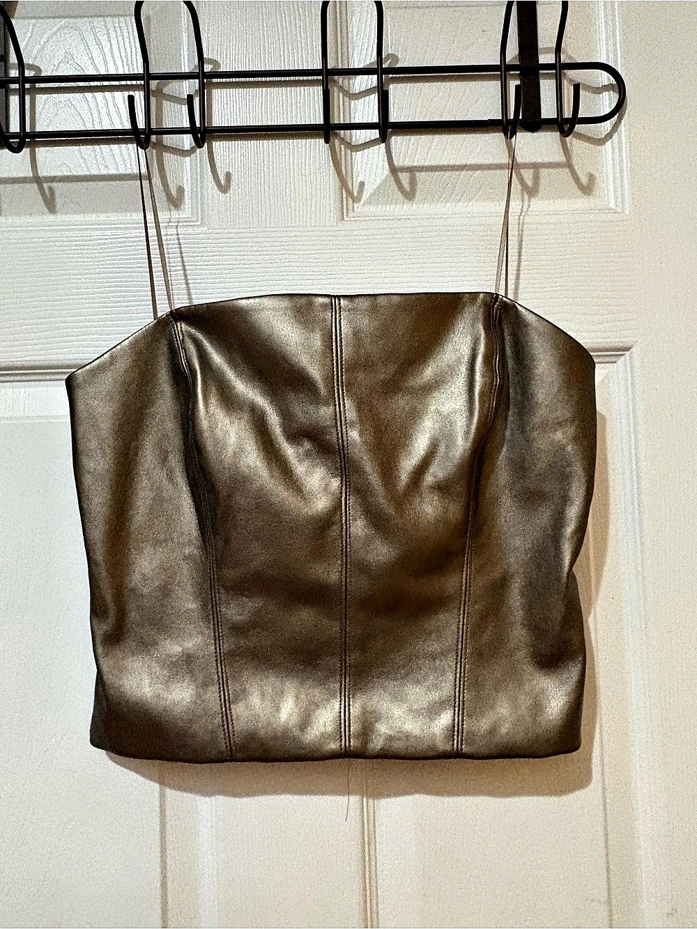 KIRIOUS Metallic Faux Leather Strapless Crop Top with Back Zipper Crop Top Brown